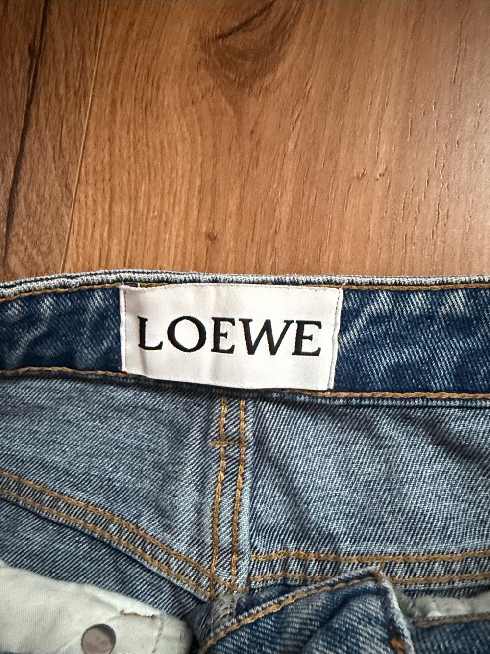 Loewe Medium Blue Straight-Leg Jeans with Tan Leather Patch - Picture 2 of 16